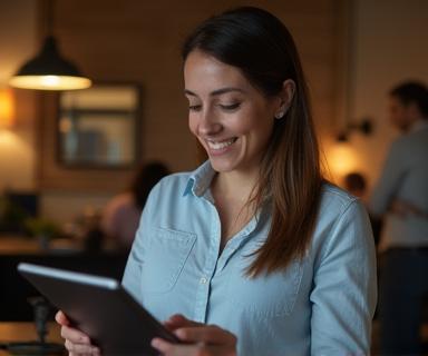 Business professional reading newsletter on tablet